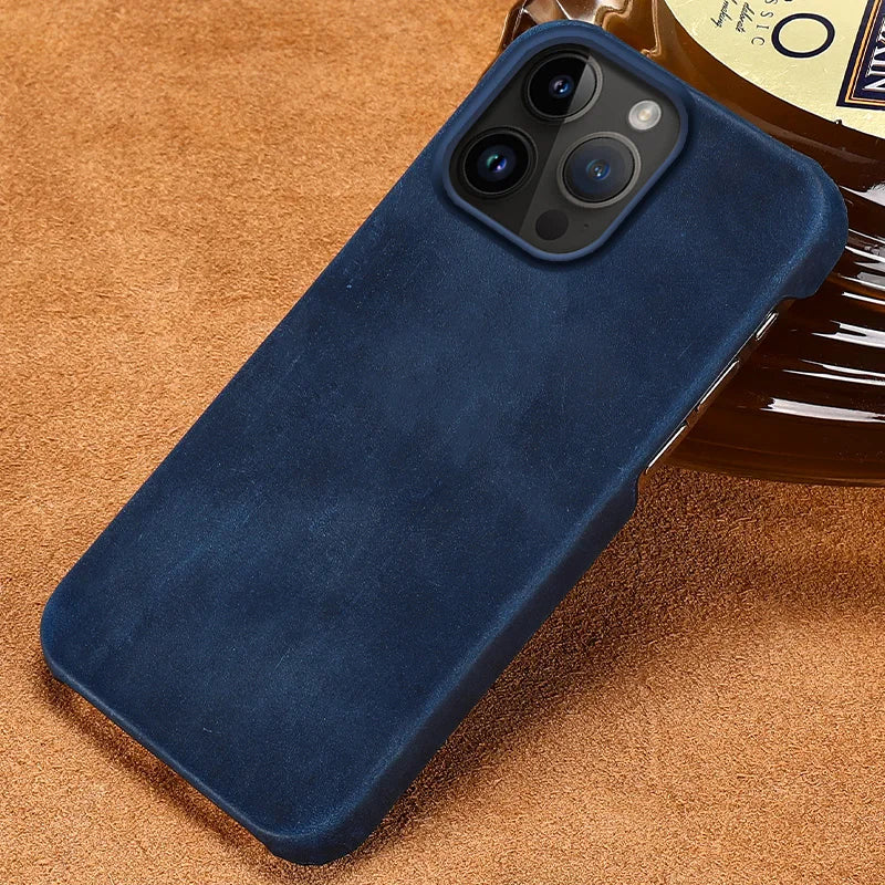 Retro Cowhide Phone Case for iPhone 16 15 13 14 Pro Max 16Pro 14Pro 15Pro Luxury Crazy Horse Genuine PULL-UP Leather Back Cover Caseverse