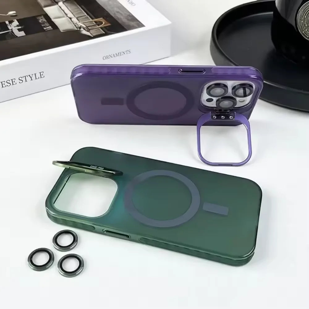 Gradient Metal Lens Holder Magsafe Phone Case for IPhone 16 15 14 Plus 13 12 Pro Max Back Lens Glass Film Matte PC Hard Cover Caseverse