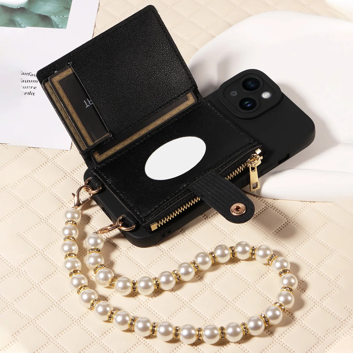 Stylish Mirror Zipper and Pearl Cord Phone Case for IPhone13promax 12mini 11promax 7 Crossbody Fall-proof Faux Leather Cover