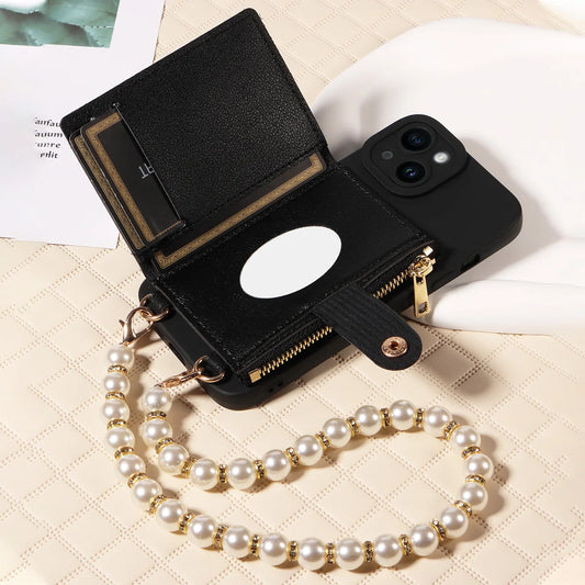 Stylish Mirror Zipper and Pearl Cord Phone Case for IPhone13promax 12mini 11promax 7 Crossbody Fall-proof Faux Leather Cover