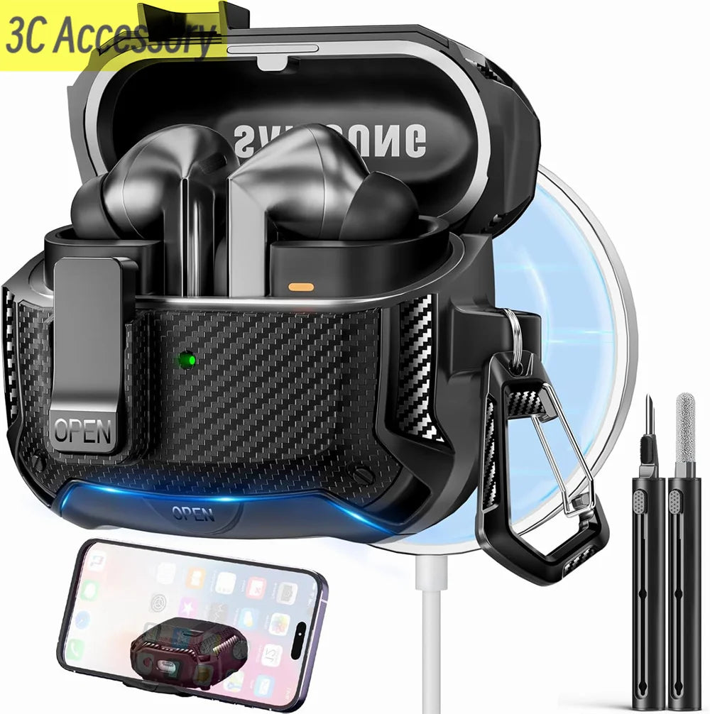 2025 New Phone Stand Case For Samsung Galaxy Buds 3 Pro Case With Secure Lock Clip & Cleaning kit Carbon Fiber Cover For Buds 3