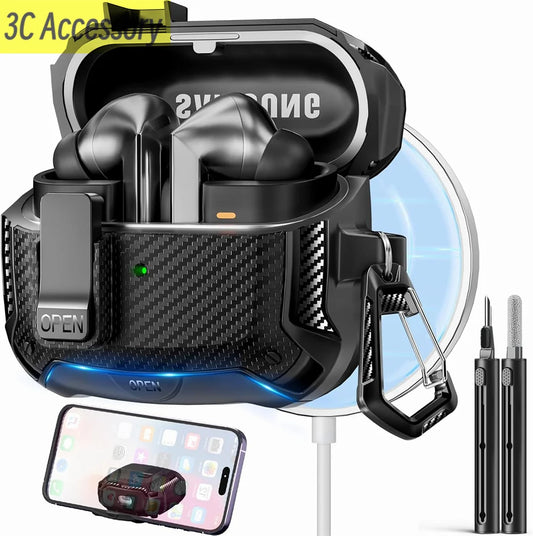 2025 New Phone Stand Case For Samsung Galaxy Buds 3 Pro Case With Secure Lock Clip & Cleaning kit Carbon Fiber Cover For Buds 3