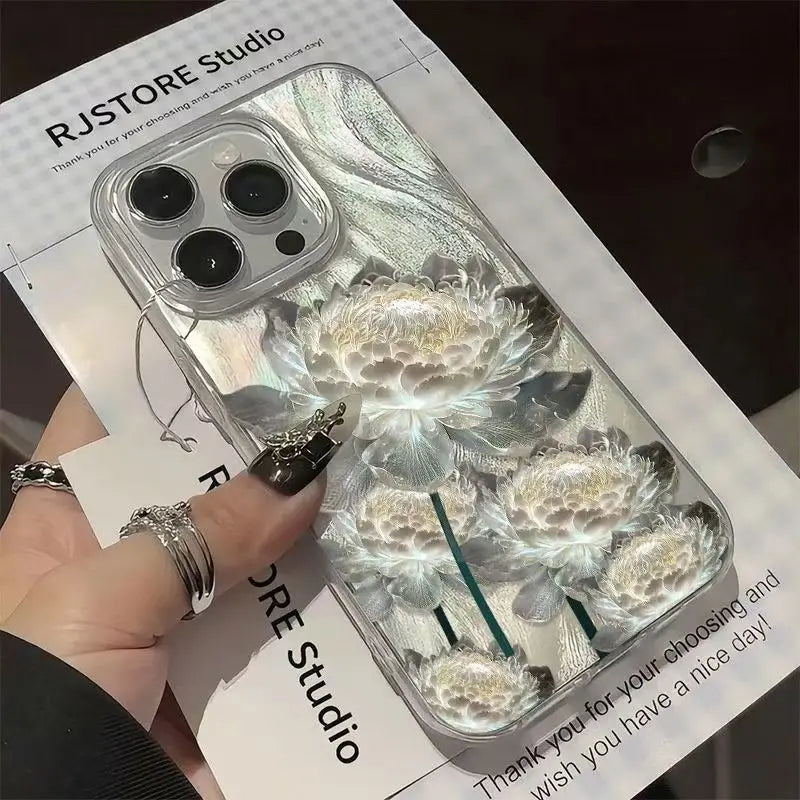 Five Golden Lotus Pattern Phone Case for IPhone 11 13 14 15 16 Pro Max 7 8 14 15 Plus X XS Max XR 16e Feather Texture Hard Cover - Caseverse