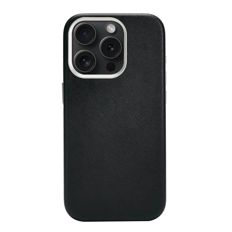 Alloy Lens Silk Texture PU Leather MagSafe Phone Case For iPhone 16 16pro max 15 Pro 14 13 Wireless Charging Hard Armor Cover - Caseverse