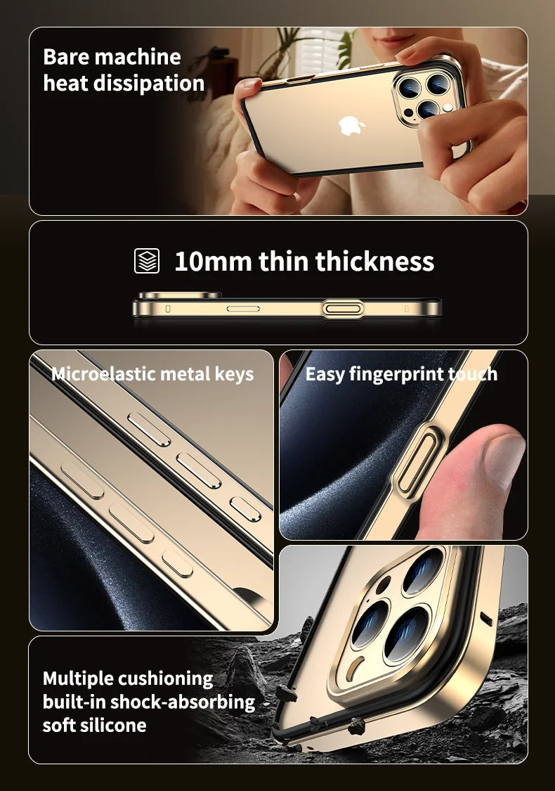 Camera Protection + Hybrid Silicone Frame Aluminum Metal Phone Case For iPhone 16 15 14 13 Pro Max Better Heat Bumper Caseverse