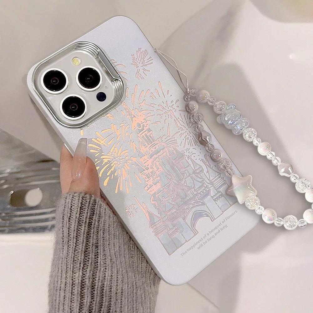 Pink Glitter Castle Phone Case with Lanyard for iPhone 15 14 13 12 Pro Max Plus Princess Fairytale Phone Case Cover Caseverse