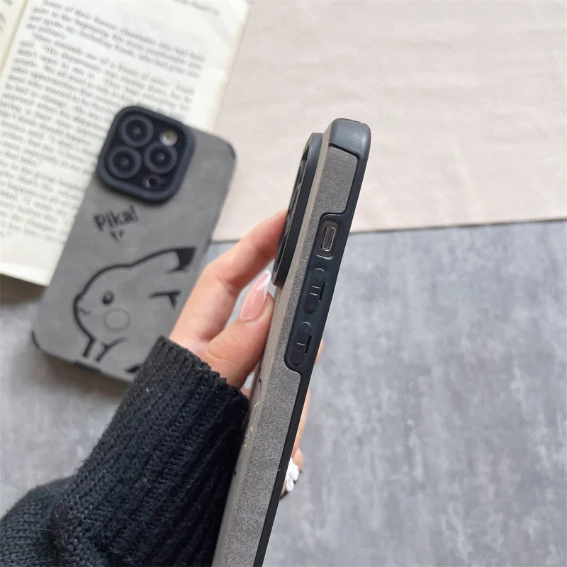 Luxury Pokemon Pikachu Matte Soft Leather Phone Case For iPhone 15 14 13 12 11 Pro Max Lens Protection Shockproof Silicone Cover - Caseverse
