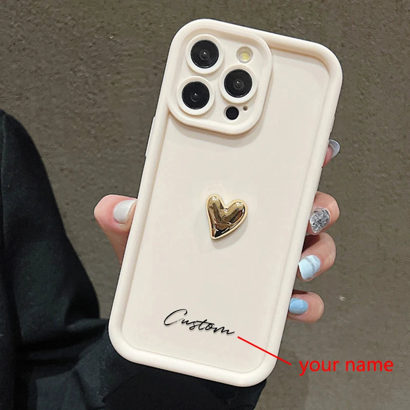 3D Gold Love Heart Personalized Custom Name Case For iPhone 16 15 14 13 12 11 Pro Max X XS XR 7 8 Plus Silicone Candy DIY Cover Caseverse