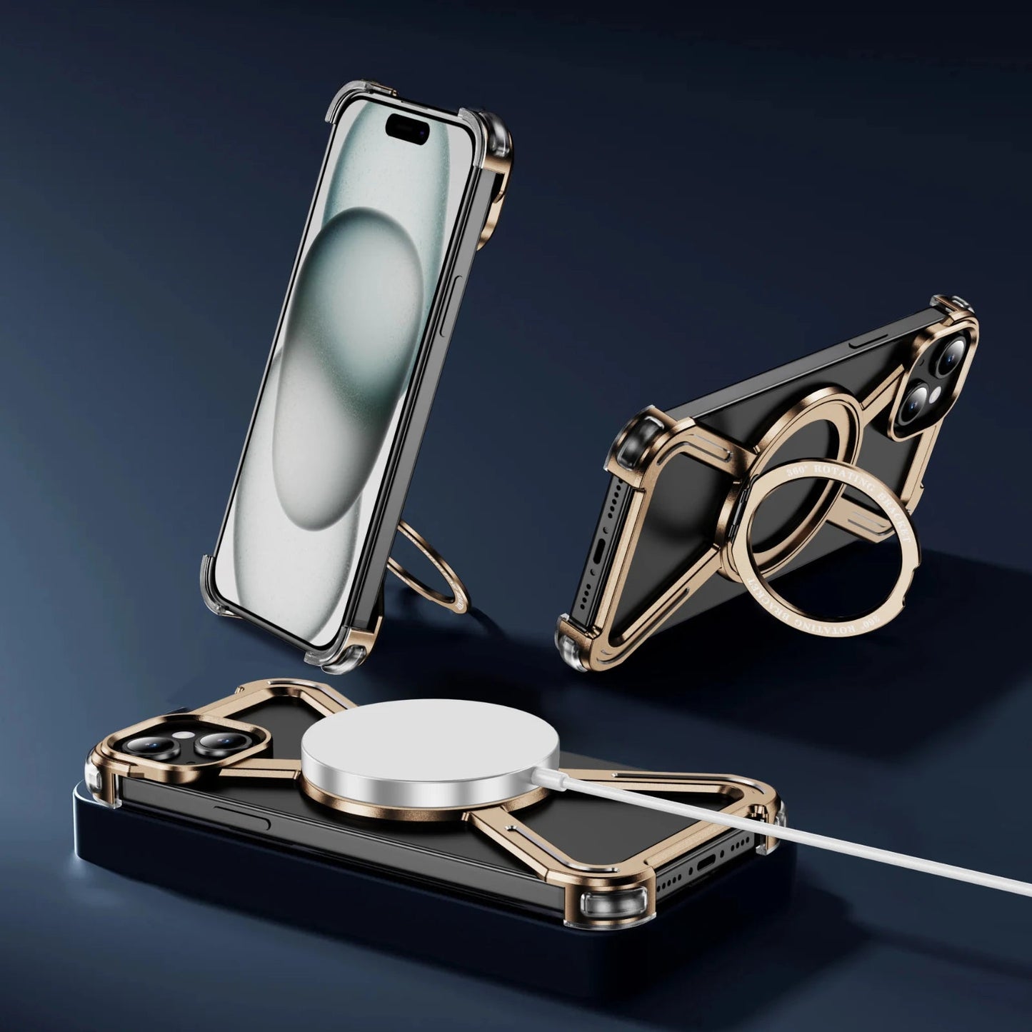 Titanium Metal Phone Case for iPhone 13 15 14 16 ProMax 16 15Pro Protective Cover Bumper w/ 360° Rotation Holder Shockproof Sase Caseverse