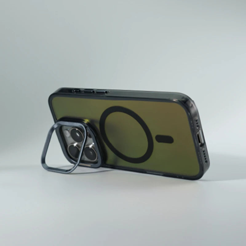 Metal Lens Kickstand Laser MagSafe Phone Case For iPhone 16 16pro max 14 15 Pro 13 12 Magnetic Wireless Charging Hard PC Cover Caseverse