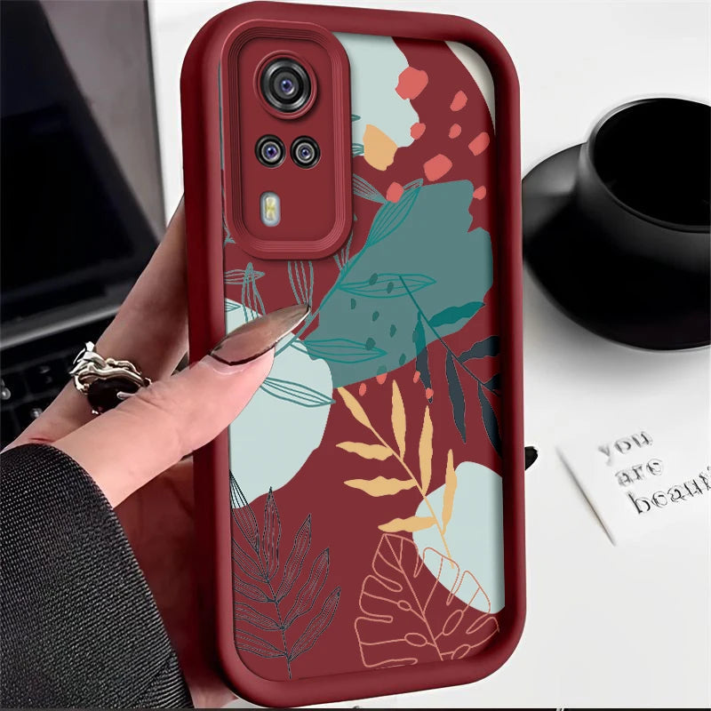 Luxury Fresh Green Leaf Painted Phone Case For Vivo Y33 Y51 Y51a Y31 2021 Y53s Silicone Anti Drop Soft Cover Funda - Caseverse