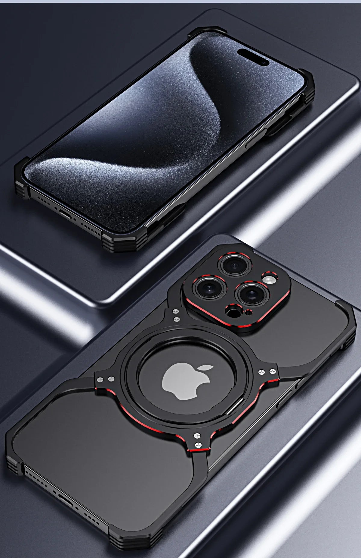 360° Stand Metal Rimless Magnetic Phone Case For iPhone 13 14 15 Pro Max Metal Bumper Lens Protection Metal Skeleton Phone Cover