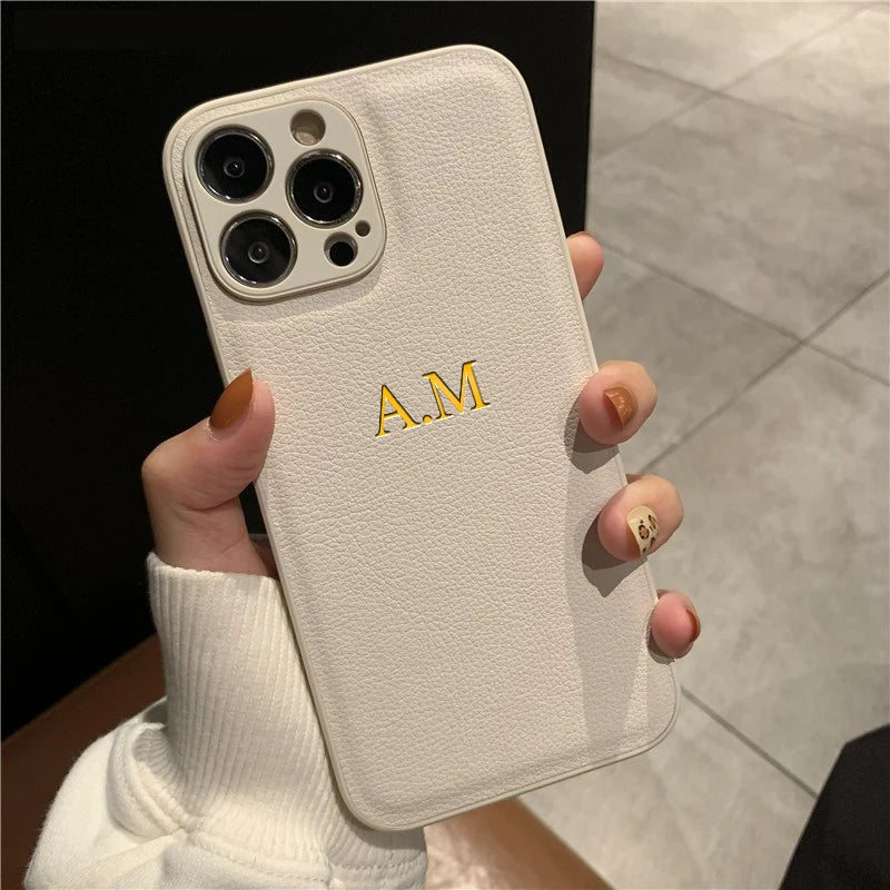 Customized Phone Case For iPhone 16 15 14 13 12 11 Pro Max Plus Personalized Name Initials Letters Luxury Leather DIY Cover 16 Caseverse