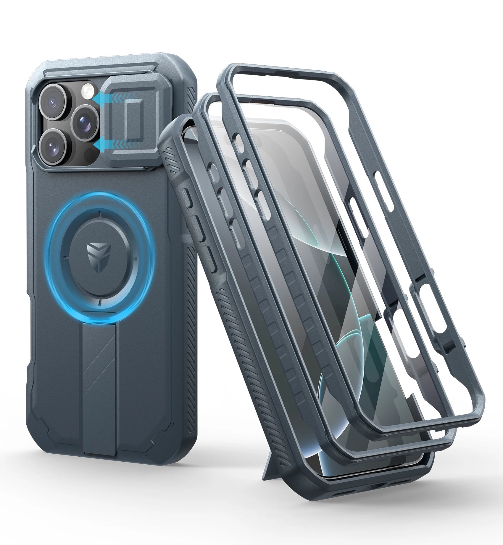 For iPhone 16 Pro Max Rugged Armor Shockproof Case with Built-in Sliding Camera Cover and Built-in Screen Protector Kickstand - Caseverse
