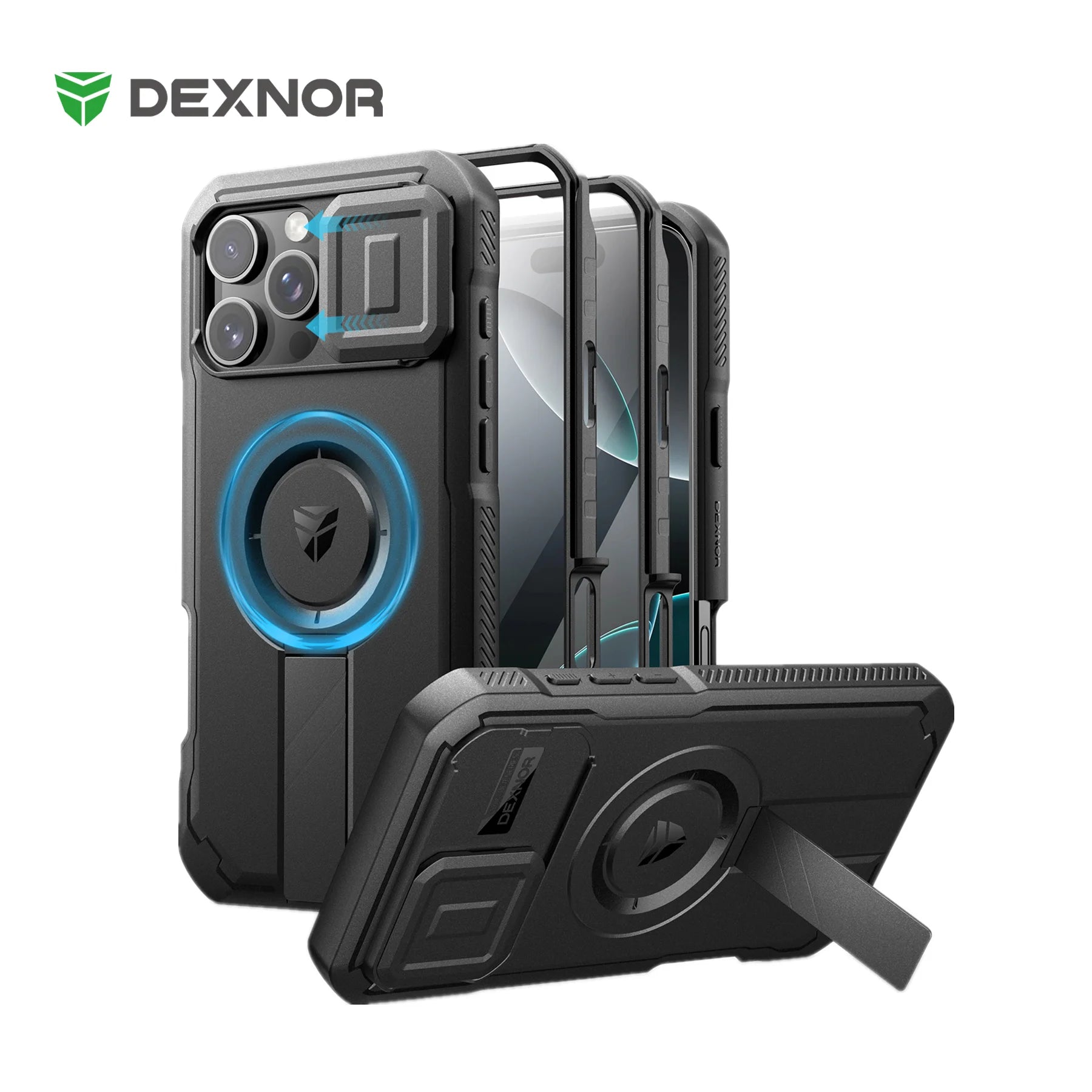 A black rugged phone case with a sliding camera cover and a kickstand.