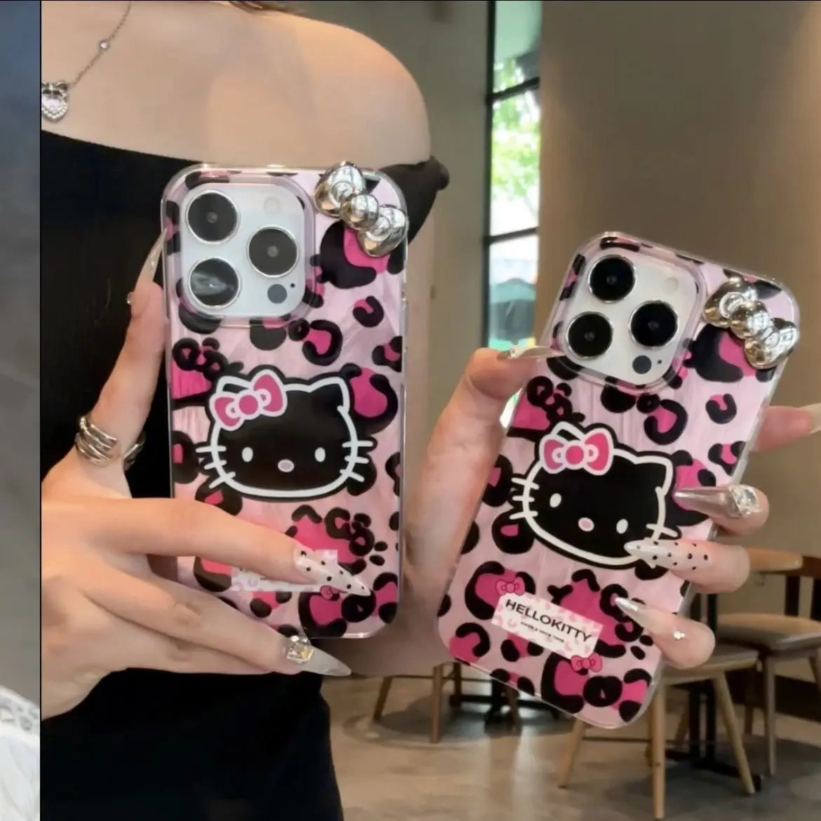 Pink Leopard Print HelloKitty Bow Mobile Phone Case For iPhone 15 14 13 12 11 Pro Max XR XS 7 8 Plus Silicone Laser Covers Y2K - Caseverse