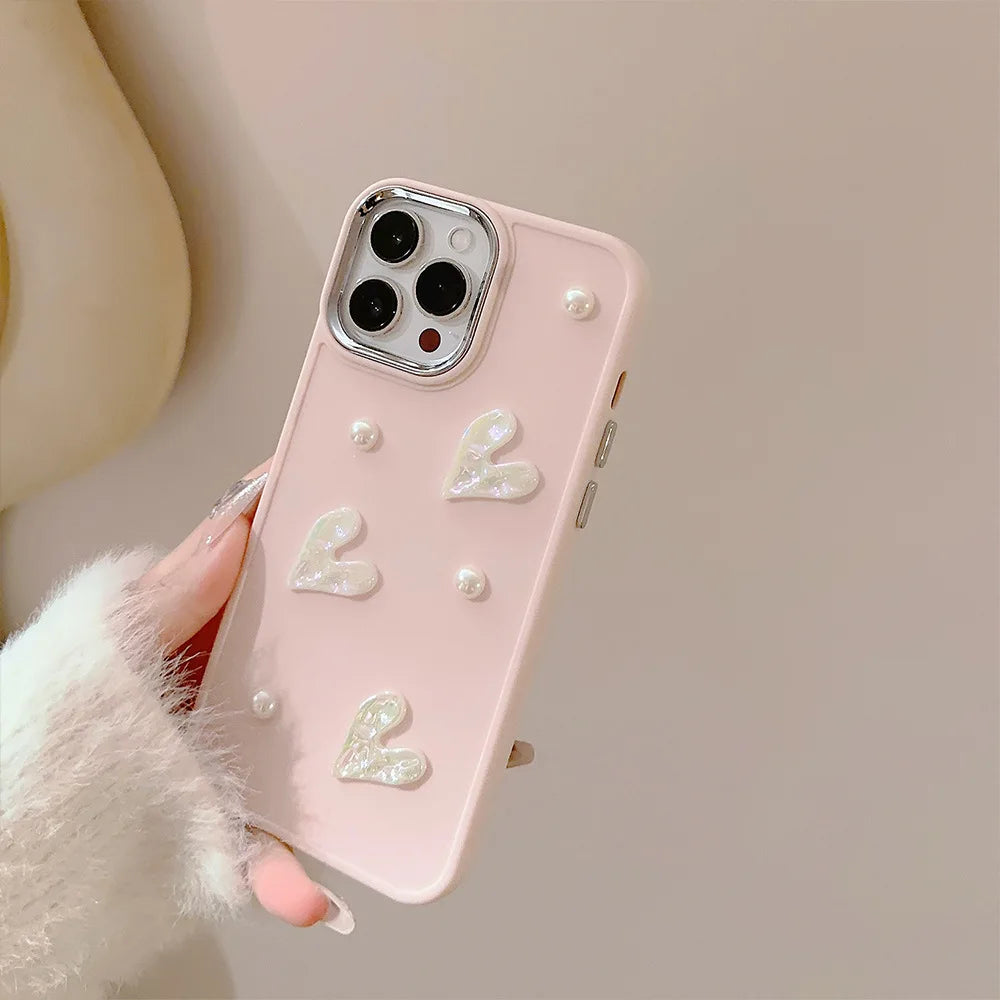 Ins Cute 3D Pearl Love Heart Phone Case For iPhone 16 15 14 13 12 11 Pro Max X XS XR 8 7 Plus SE 2022 Soft Silicone Bumper Cover - Caseverse