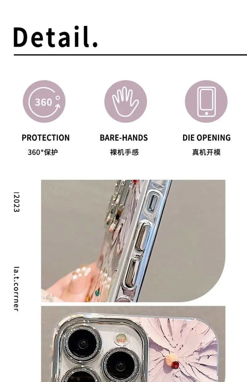 Luxury Flowers Glitter Laser Phone Case For iPhone 16 Pro Max 15 14 Plus 13 12 11 Diamond Soft Shockproof Lens protection Cover Caseverse