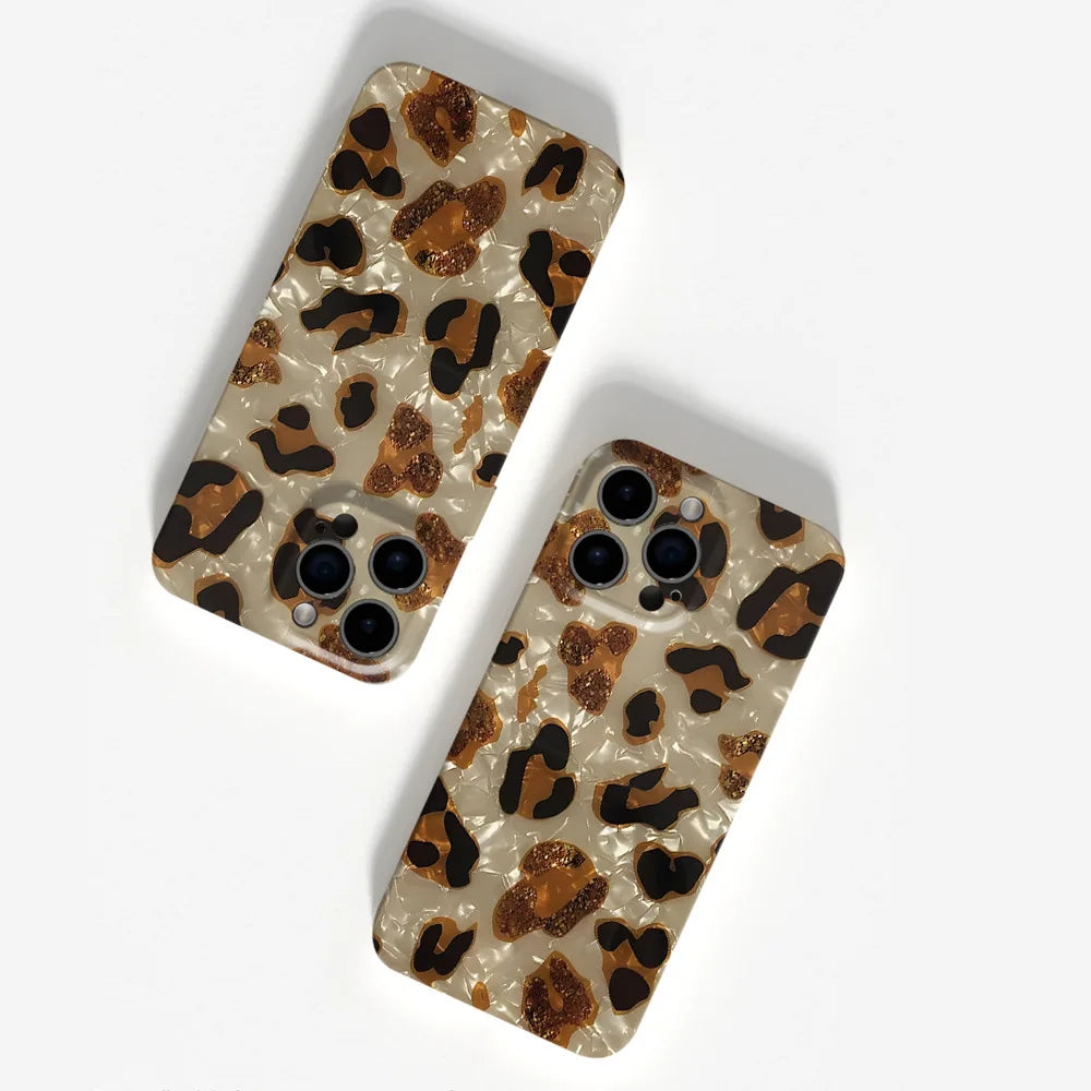 Vintage Glitter Leopard Print Phone Case For IPhone 16 15 13 12 11 Pro Max 14 Plus Dream Shell Leopard Marble Texture Hard Cover - Caseverse