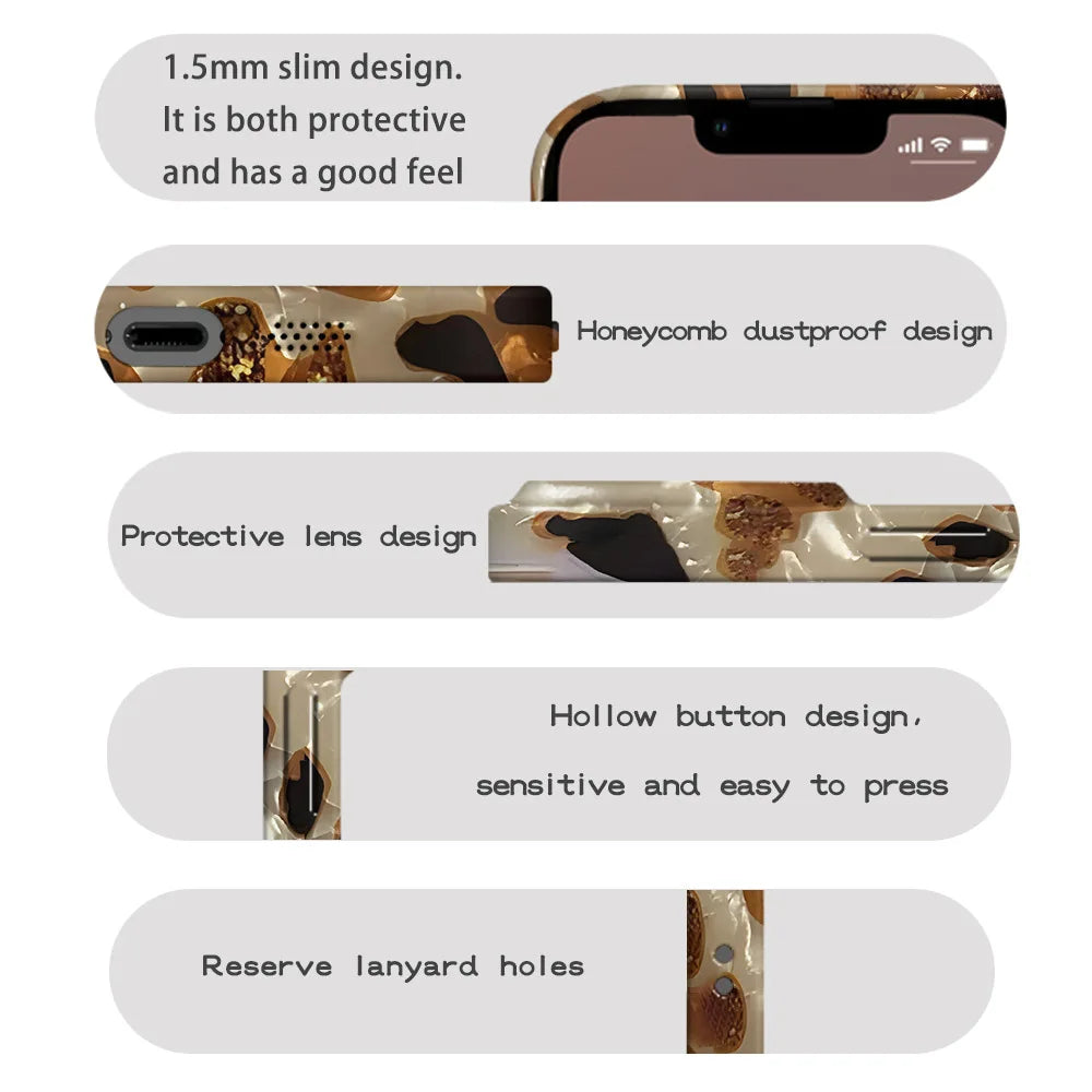 Vintage Glitter Leopard Print Phone Case For IPhone 16 15 13 12 11 Pro Max 14 Plus Dream Shell Leopard Marble Texture Hard Cover - Caseverse
