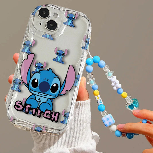Clear phone case with a large Stitch design and smaller Stitch figures, held by a beaded strap.