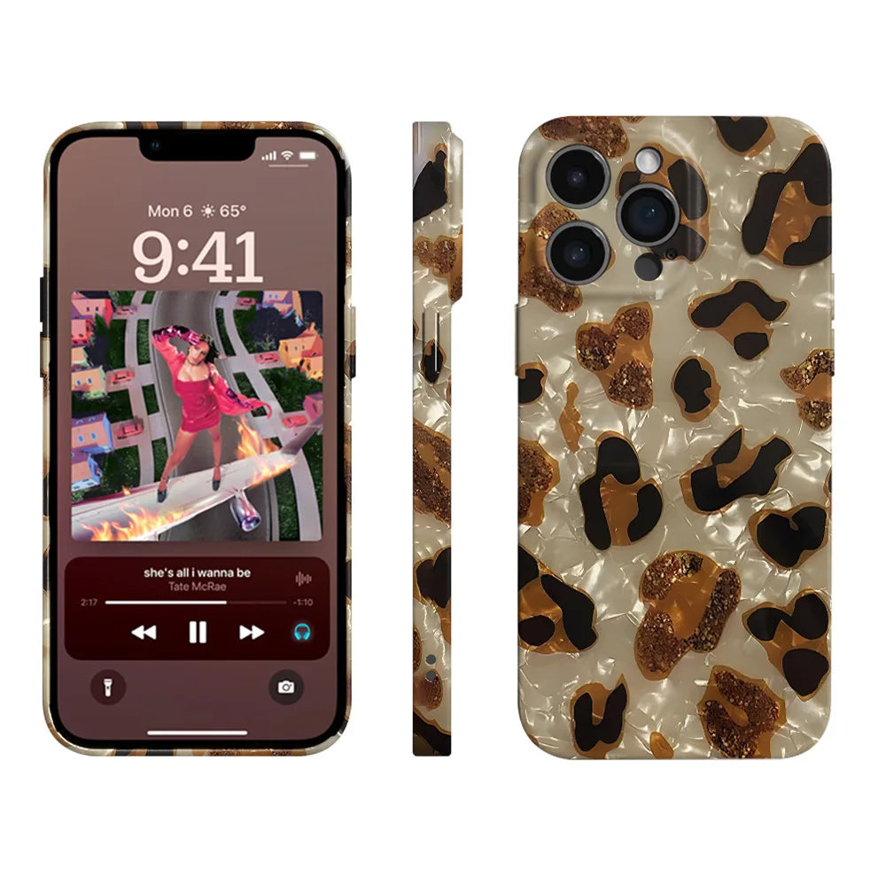 Vintage Glitter Leopard Print Phone Case For IPhone 16 15 13 12 11 Pro Max 14 Plus Dream Shell Leopard Marble Texture Hard Cover - Caseverse