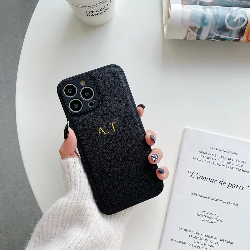 Customized Phone Case For iPhone 16 15 14 13 12 11 Pro Max Plus Personalized Name Initials Letters Luxury Leather DIY Cover 16 Caseverse
