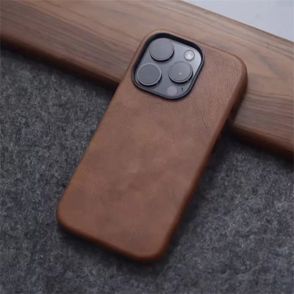 Luxury Business Vintage Leather Magnetic Phone Case for IPhone 16 Plus 15 14 13 12 Pro Max Metal Camera Frame Shockproof Cover Caseverse