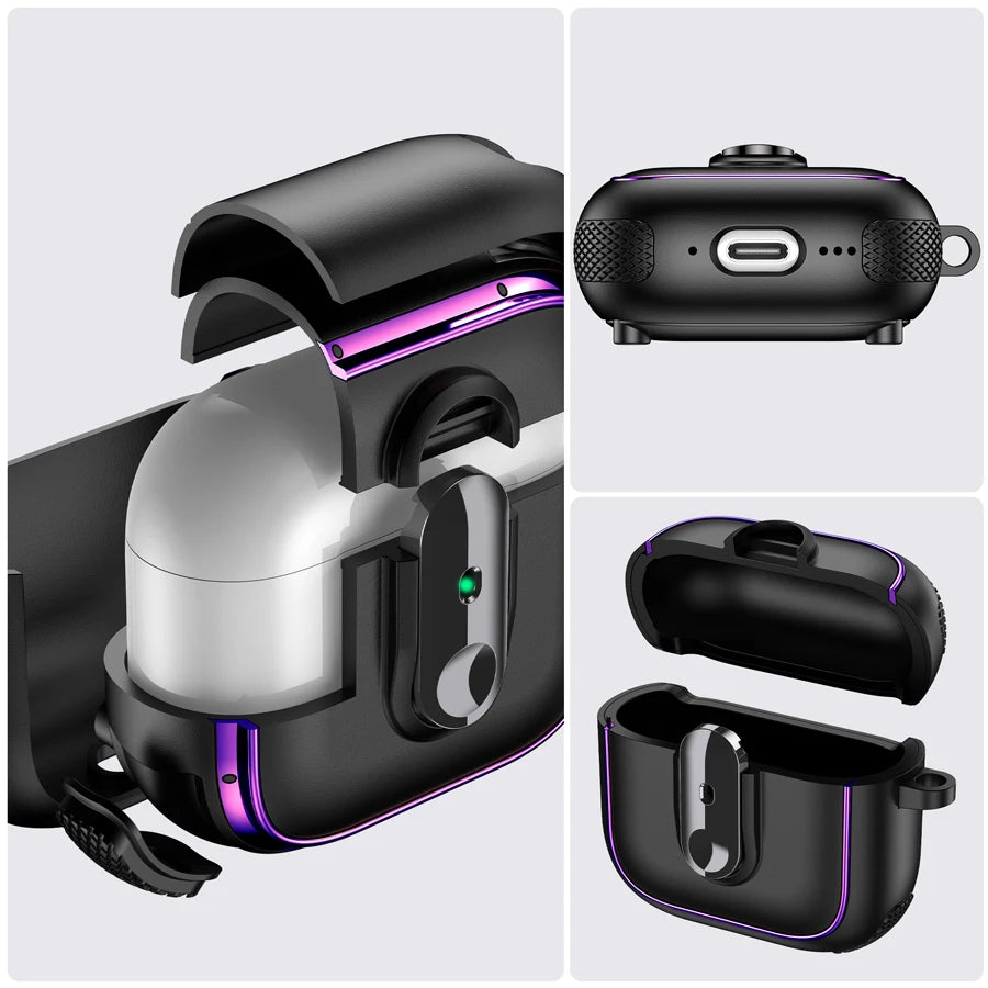 Armor locking clasp Earphone Cover For AirPods 4 3 2Pro With Plated Purple Strips With Magnetic Attraction Protective Case