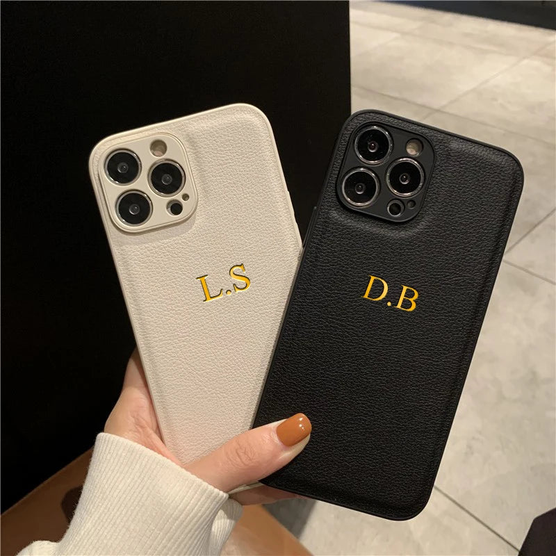 Customized Phone Case For iPhone 16 15 14 13 12 11 Pro Max Plus Personalized Name Initials Letters Luxury Leather DIY Cover 16 Caseverse