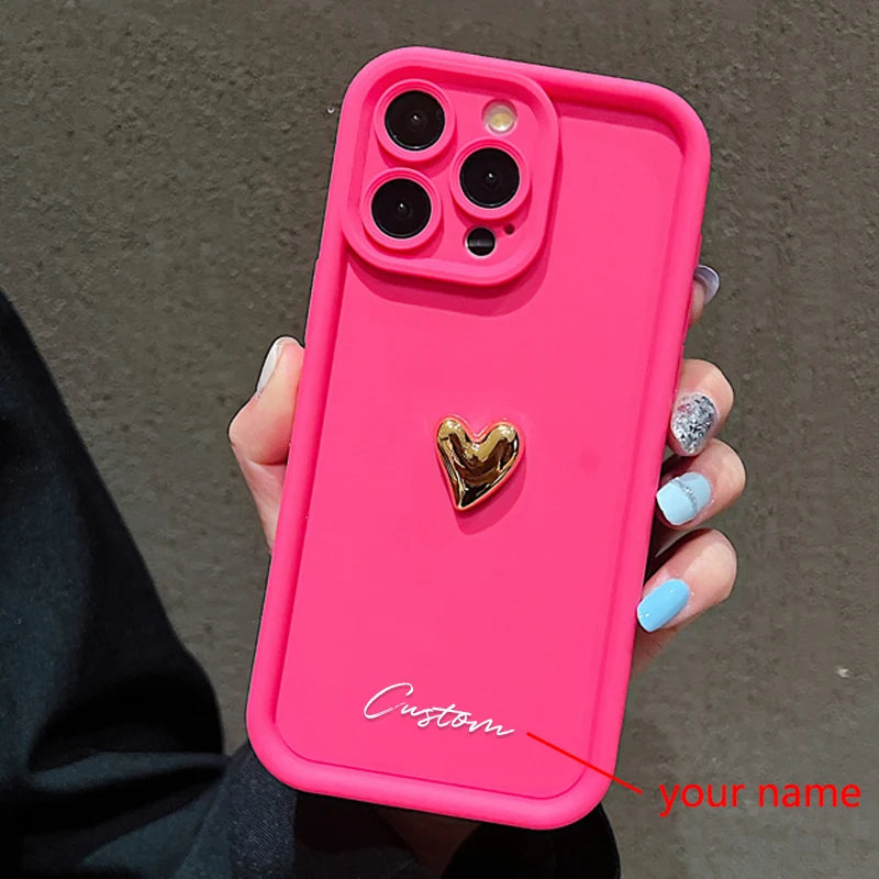 3D Gold Love Heart Personalized Custom Name Case For iPhone 16 15 14 13 12 11 Pro Max X XS XR 7 8 Plus Silicone Candy DIY Cover Caseverse