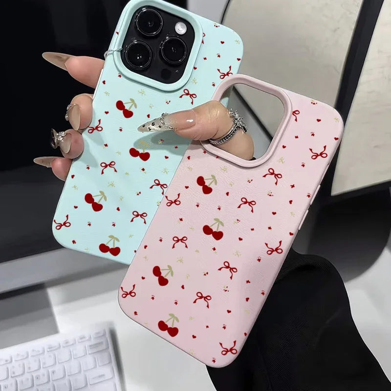 For iPhone 16 15 14 13 12 11 Pro Max Case Cherry Bow Lichee Pattern Silicone Phone Cover For iPhone XS Max 14 15 16 Plus Fundas - Caseverse