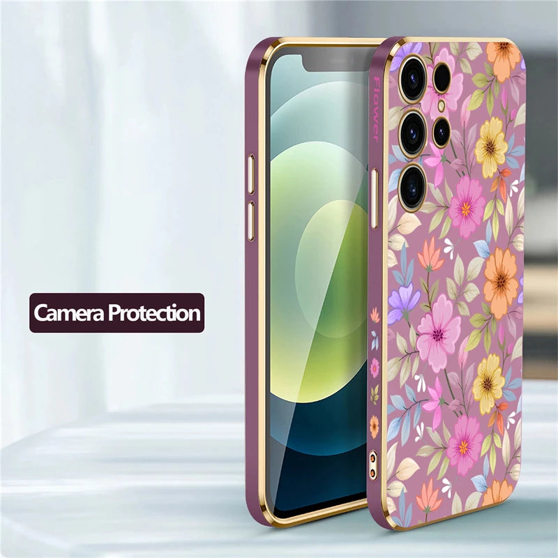 S24 Plus Luxury Plating Phone Case For Samsung Galaxy S24 Ultra S24 5G A25 A24 A15 Shockproof Flowers Pattern Back Cover Coque - Caseverse