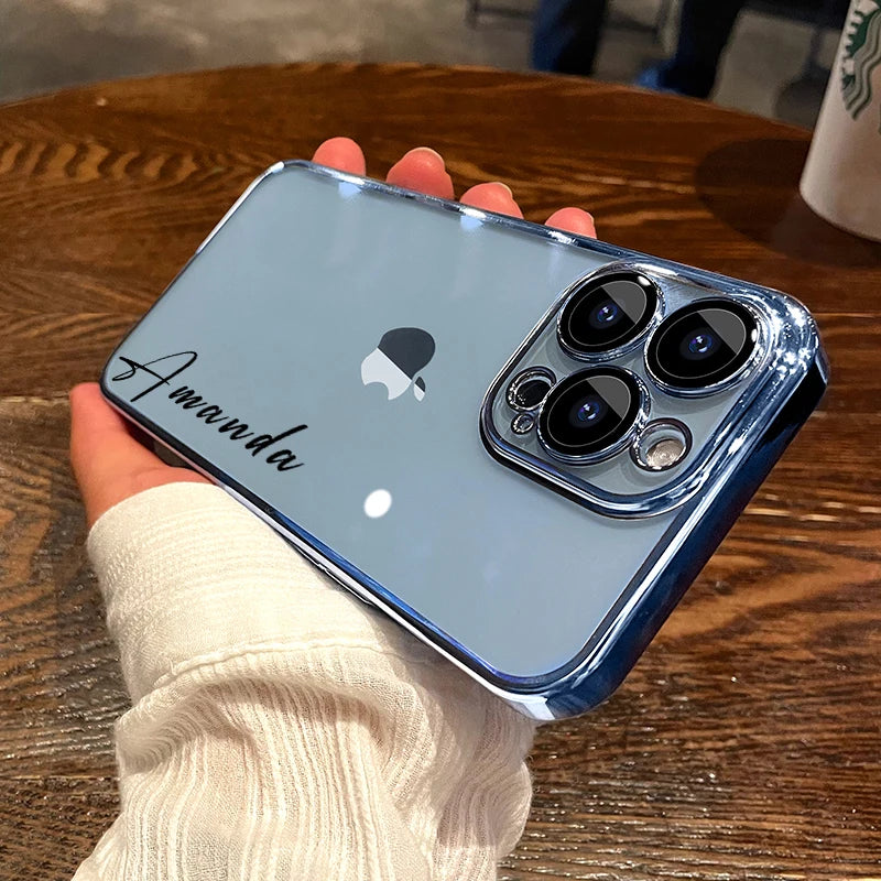 Personalised Customized Name Case For iPhone 16 15 14 13 12 11 Pro Max Luxury Plating Transparent Clear Cover DIY 15 16 Pro Max Caseverse