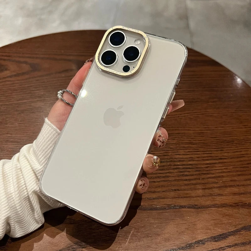 Luxury Metal camera frame protection phone case for iphone 16 15 14 13 12 pro max plus Transparent pc Shockproof Bumper cover - Caseverse