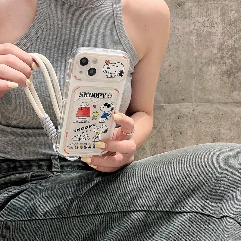 Cute Cartoon Peanut Snoopy Card Holder Pocket Phone Case For iPhone 16 15 14 13 12 11 Pro Max Cases Soft TPU Cover With Lanyard Caseverse