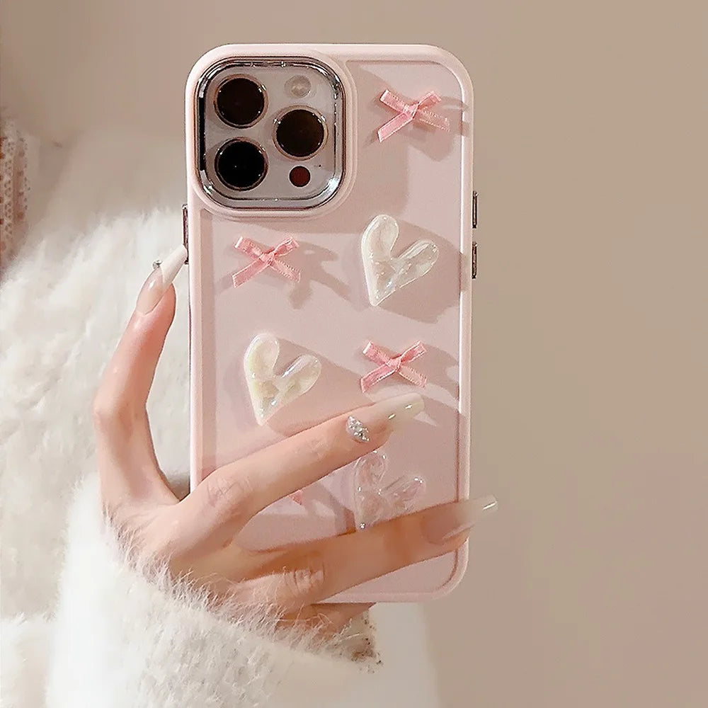 Ins Cute 3D Pearl Love Heart Phone Case For iPhone 16 15 14 13 12 11 Pro Max X XS XR 8 7 Plus SE 2022 Soft Silicone Bumper Cover - Caseverse