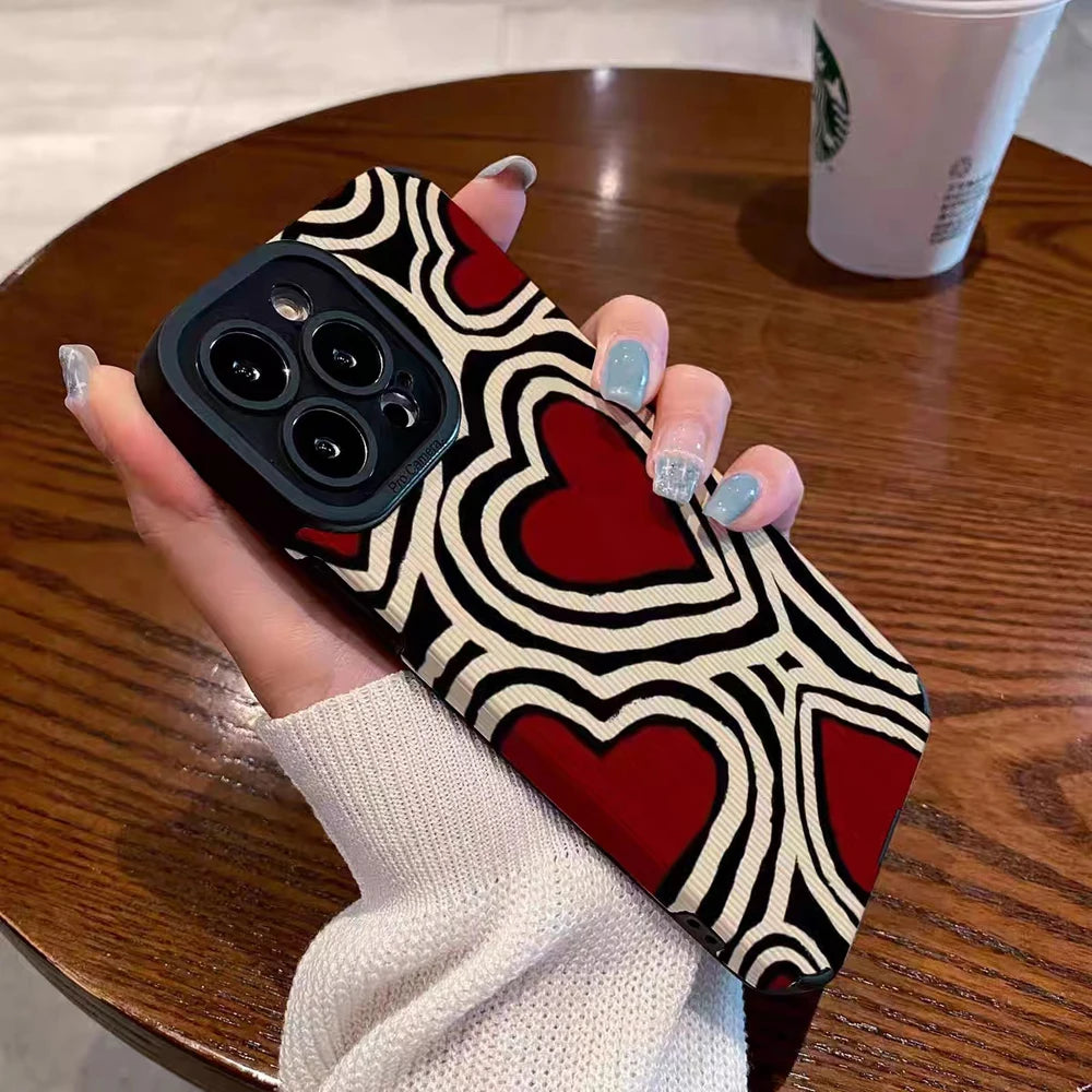 Fashion Romantic Love Hearts Phone Case For iPhone 13 16 14 15 Pro Max Plus 11 12 Mini XS X XR Soft Silicone Stripes Back Cover - Caseverse
