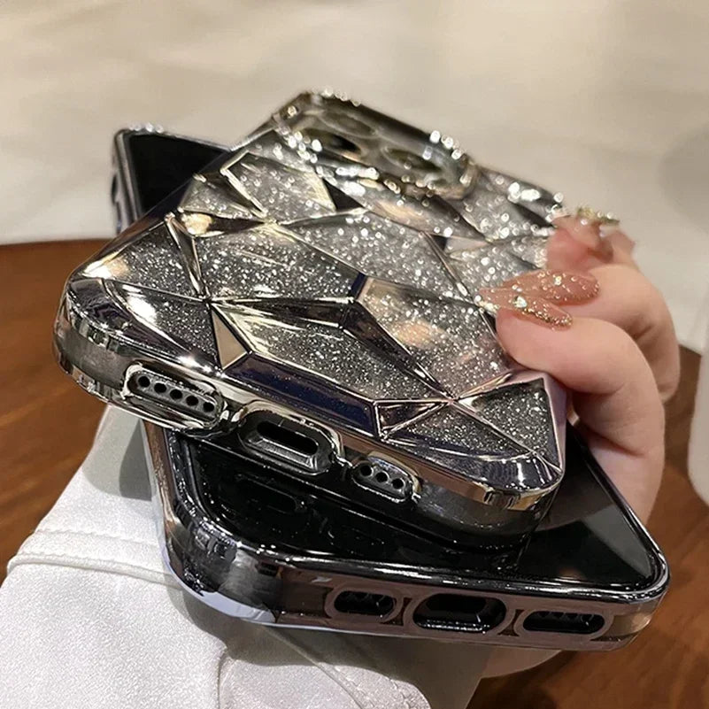 Luxury Girl's Phone Case for iPhone 15 14 13 12 11 Pro Max Plus Glitter Bling 3D Cube Diamond Marble Soft TPU Shockproof Cover - Caseverse