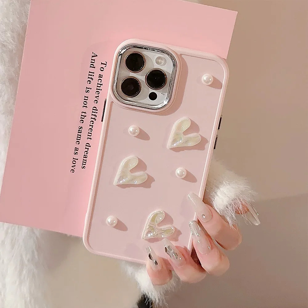 Ins Cute 3D Pearl Love Heart Phone Case For iPhone 16 15 14 13 12 11 Pro Max X XS XR 8 7 Plus SE 2022 Soft Silicone Bumper Cover - Caseverse