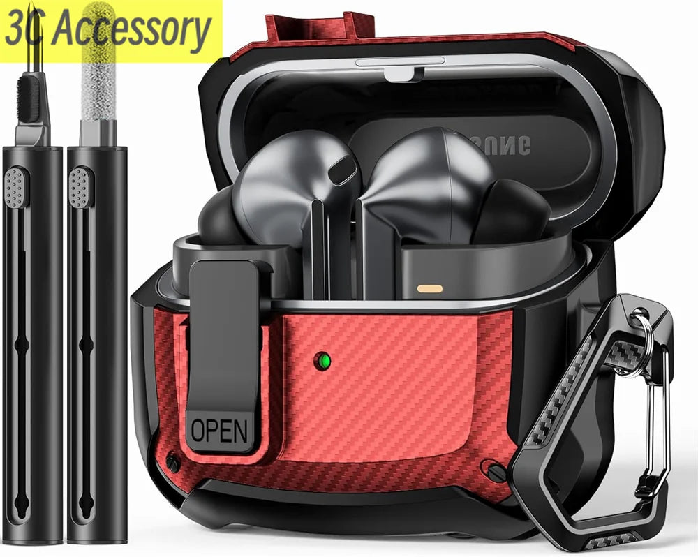 2025 New Phone Stand Case For Samsung Galaxy Buds 3 Pro Case With Secure Lock Clip & Cleaning kit Carbon Fiber Cover For Buds 3