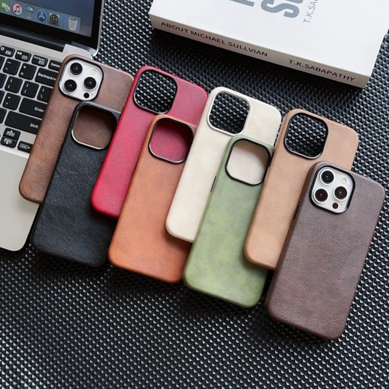Luxury Business Vintage Leather Magnetic Phone Case for IPhone 16 Plus 15 14 13 12 Pro Max Metal Camera Frame Shockproof Cover Caseverse