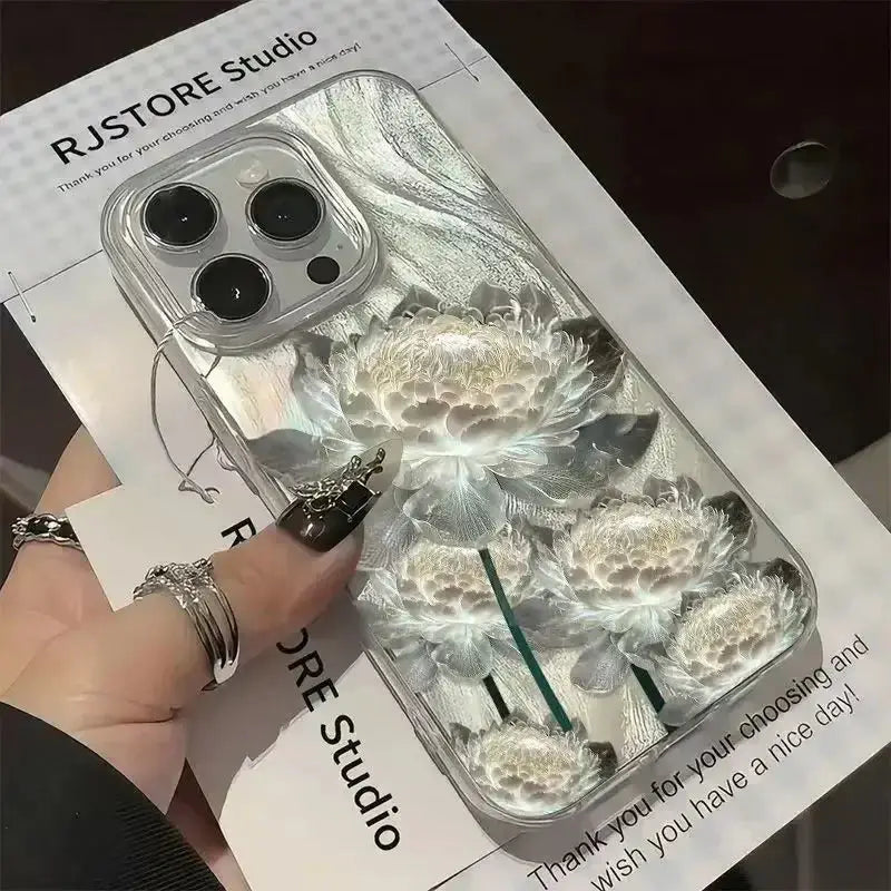 Luxury Five Lotus Pattern Phone Case For iPhone 16 15 14 13 12 11 Pro XR XS 7 8 Plus Shockproof Feather Chiffon Texture Cover﻿ Caseverse