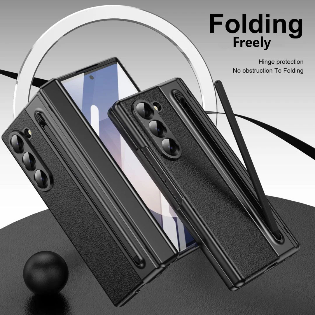 For Galaxy Fold6 S Pen Leather Phone Case Hinge Protection & Built-in Screen Protector Leather Phone Cover for Fold5 Fold4 Black - Caseverse