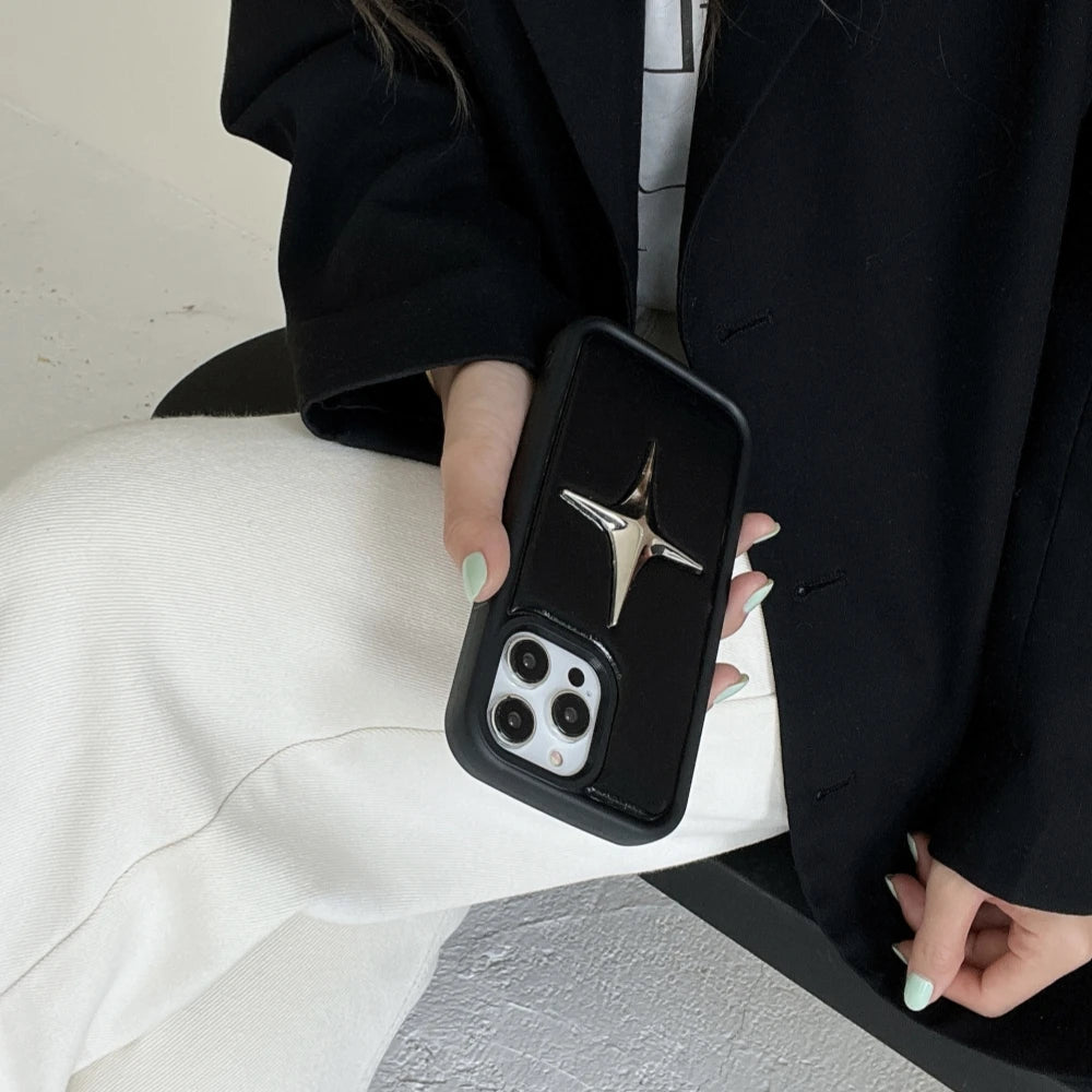 Luxury Metal Star PU Leather Phone Case For iPhone 15 14 13 12 Pro Max 15pro 14Pro Shockproof Cover Men Women Stylish Cases Caseverse