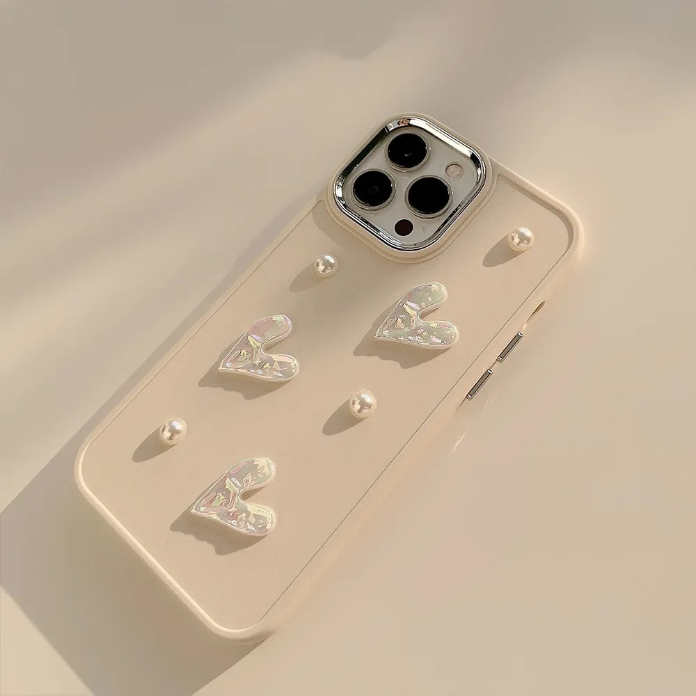 Ins Cute 3D Pearl Love Heart Phone Case For iPhone 16 15 14 13 12 11 Pro Max X XS XR 8 7 Plus SE 2022 Soft Silicone Bumper Cover - Caseverse