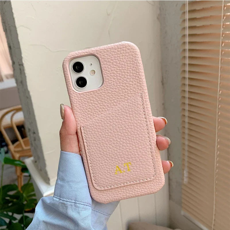 Personalized Phone Case with Card Holder Custom Initials Protective Cover iPhone16Promax 11 12 13 14 15Pro Max XS XR Mini Caseverse