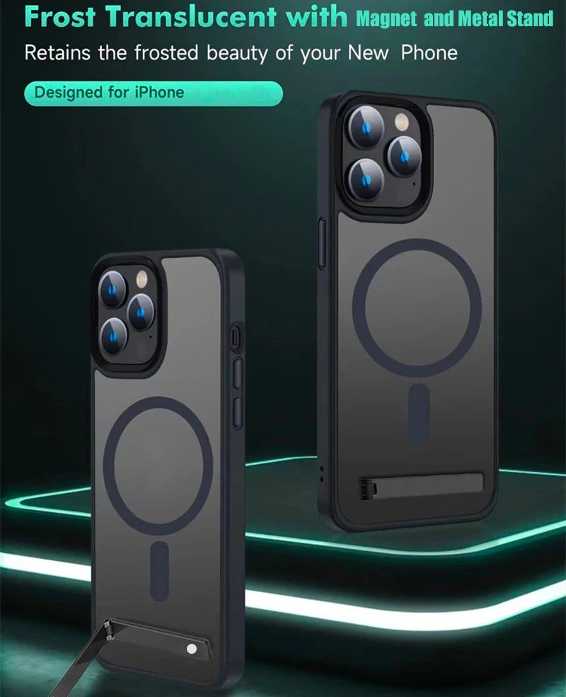 Magnetic Phone Case with Metal Stand for iPhone 16 15 14 13 12 Pro Max Plus Translucent Mobile Cases Military Grade Back Cover Caseverse