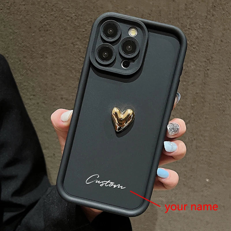 3D Gold Love Heart Personalized Custom Name Case For iPhone 16 15 14 13 12 11 Pro Max X XS XR 7 8 Plus Silicone Candy DIY Cover Caseverse