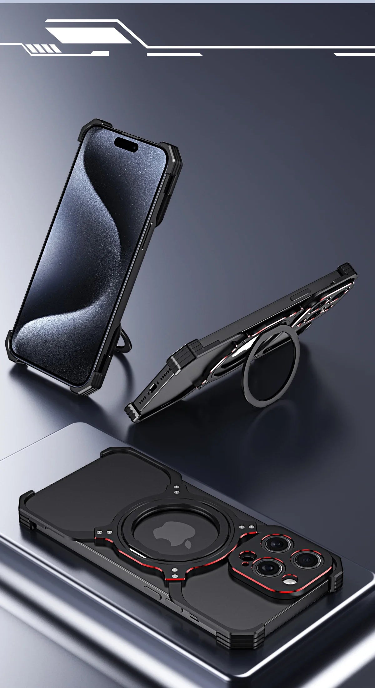 360° Stand Metal Rimless Magnetic Phone Case For iPhone 13 14 15 Pro Max Metal Bumper Lens Protection Metal Skeleton Phone Cover